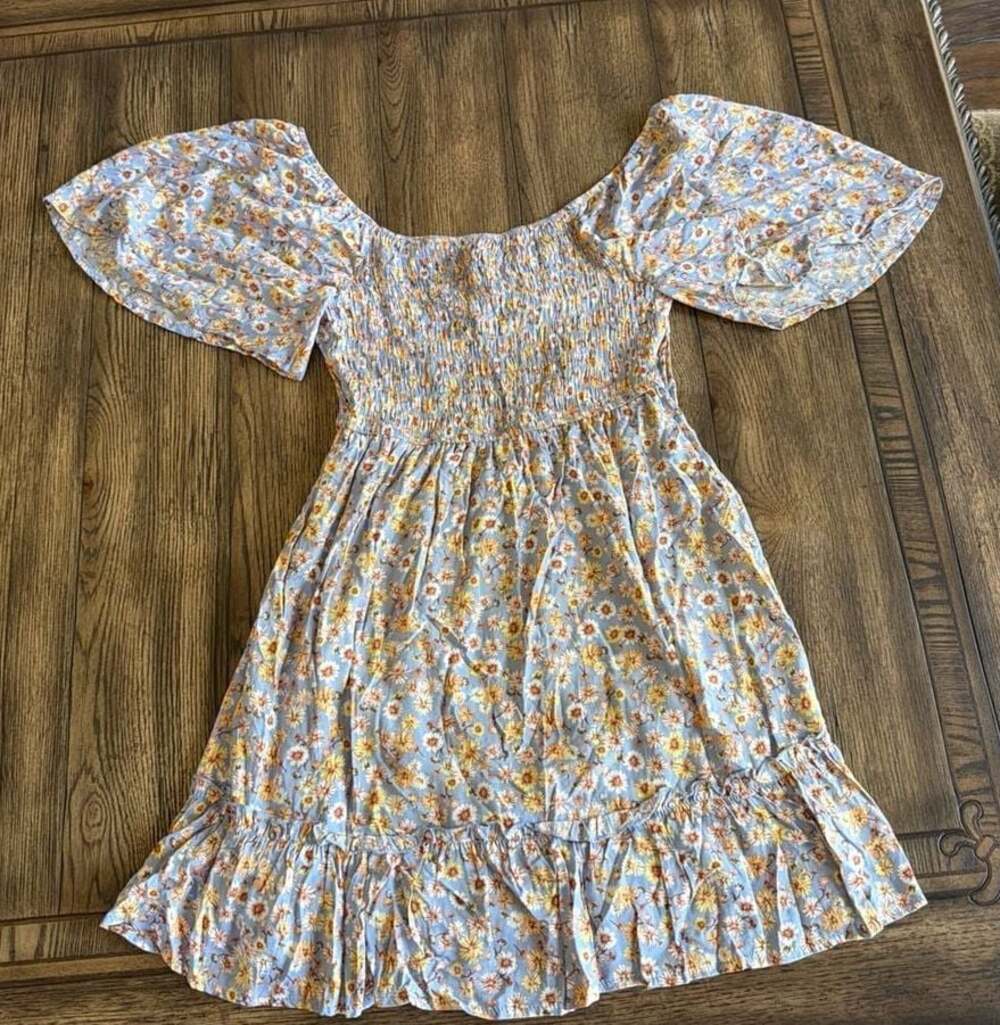 Altar'd State Light Blue Floral Smocked Mini Dress with Flutter Sleeves, Size Sm